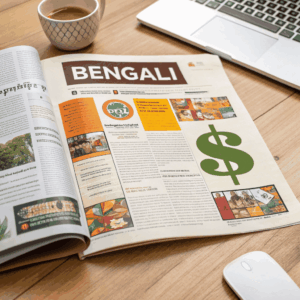 Illustration of a newspaper page split into Urdu and English sections, each showing different ad formats like banner, native article, and subscription badge.