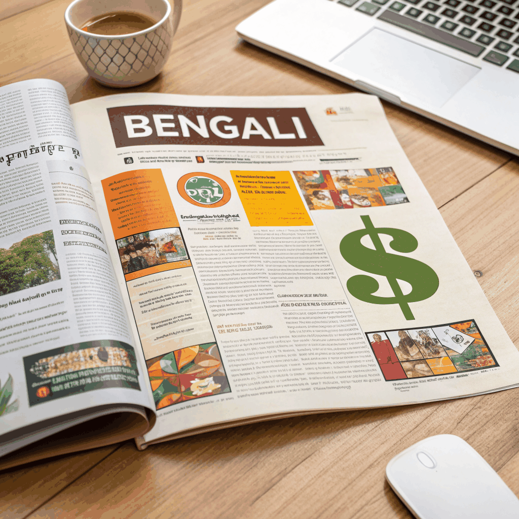 Illustration of a newspaper page split into Urdu and English sections, each showing different ad formats like banner, native article, and subscription badge.
